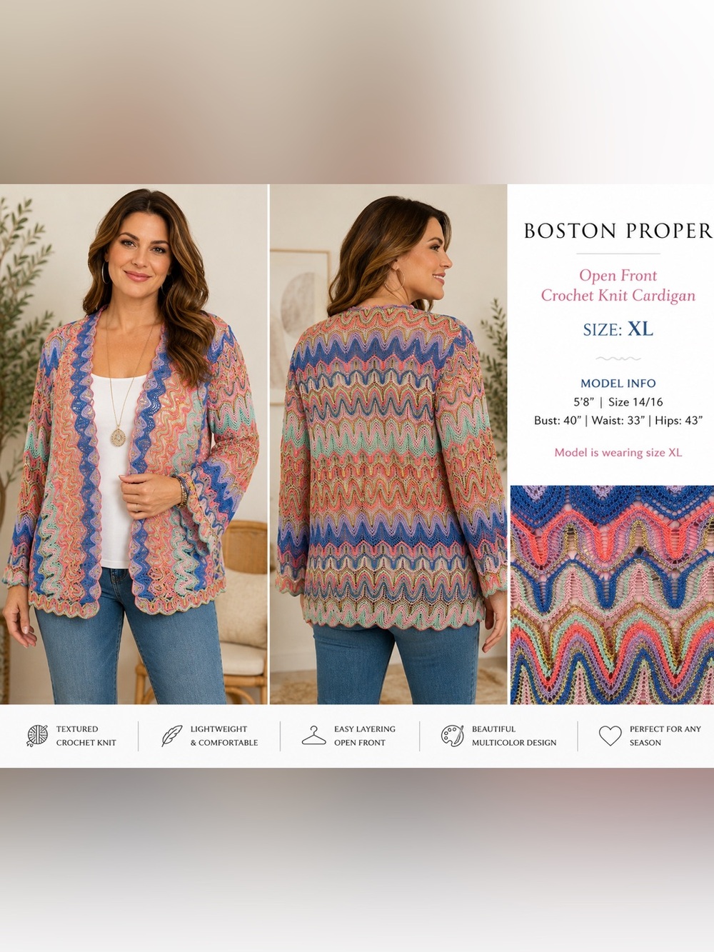 Boston Proper XL Crochet Knit Open Front Cardigan Boho Wave Jacket F#1
